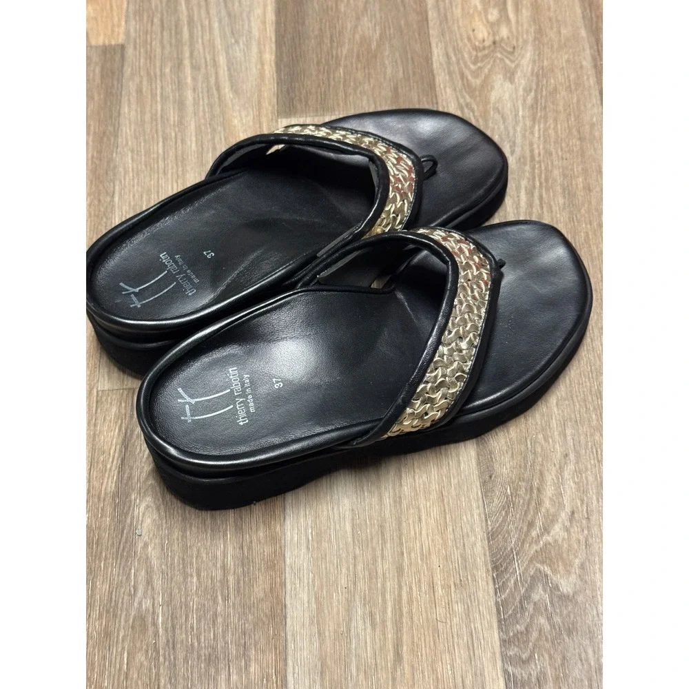 Thierry Rabotin Womens Black Woven Gold Leather Wedge Thong Sandals Italy 37 - Picture 6 of 9